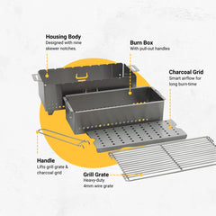 YAK GRILLS on patio in use searing steak and delivering charcoal flavor benefit