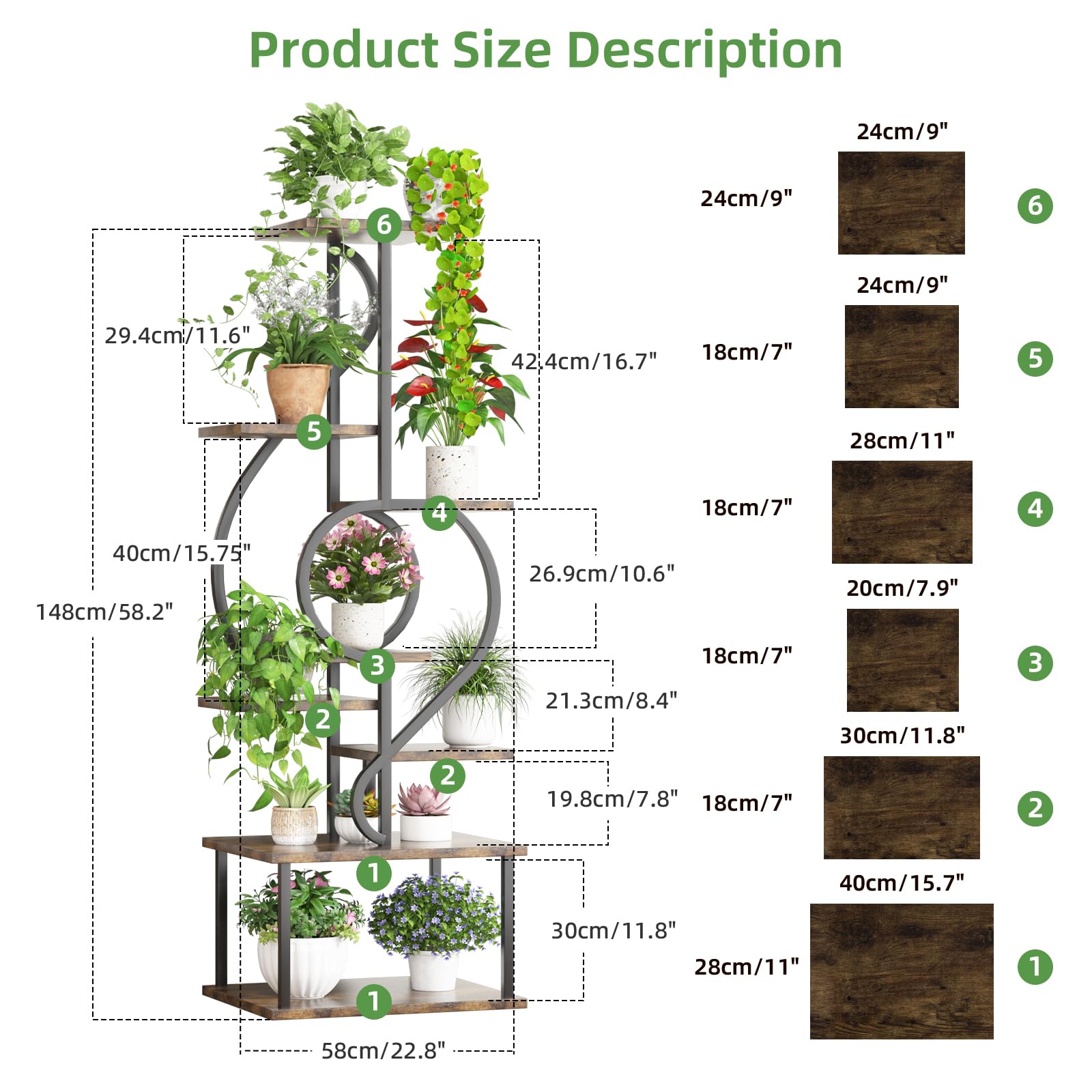 YAKANJ pot size comparison on tiers demonstrating capacity for various pots