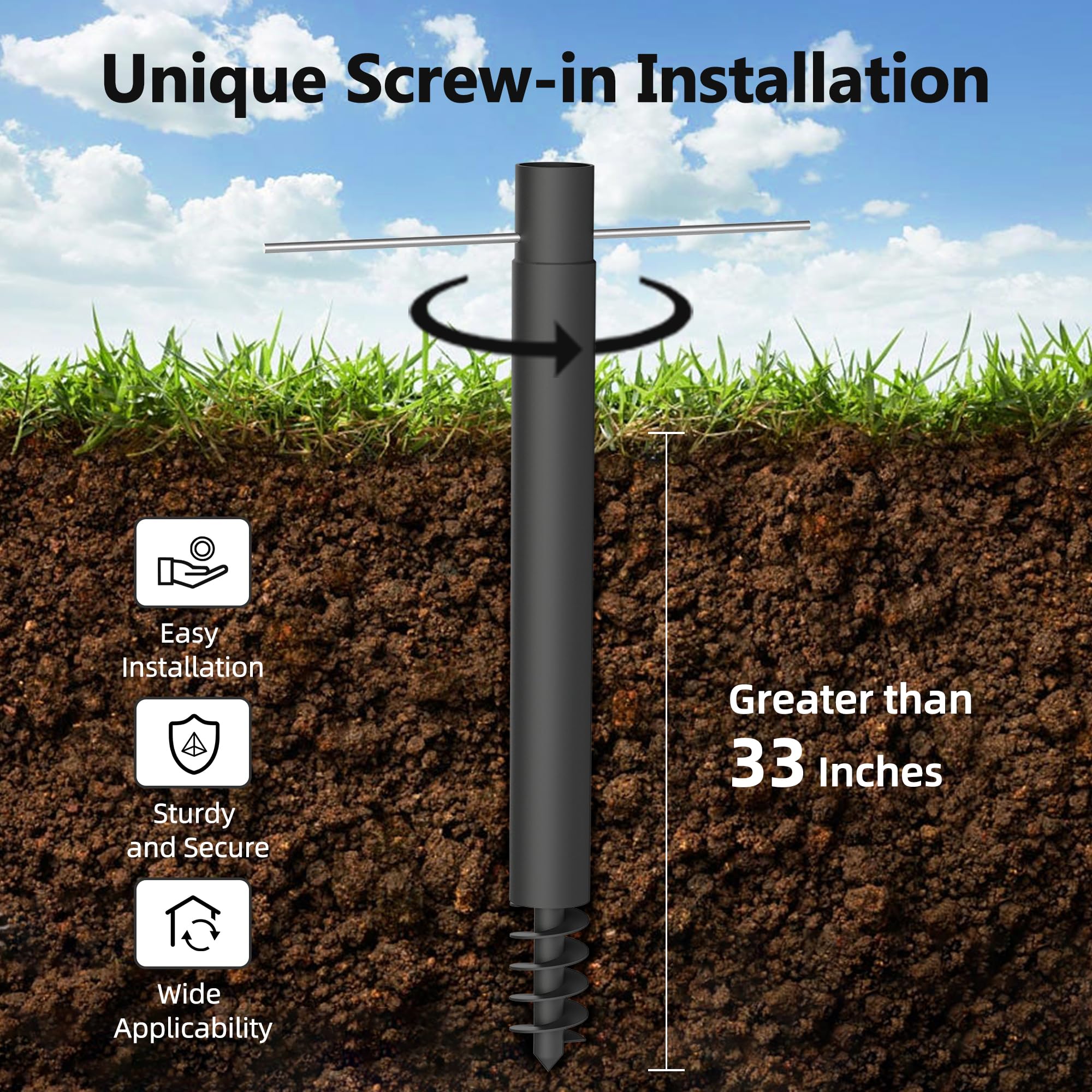 Yakmax screw-in stake partially installed showing deep soil anchoring benefit