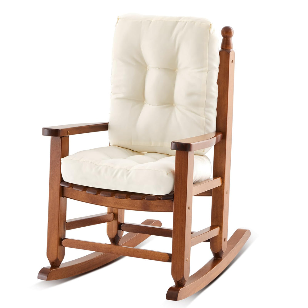 Yalikop front view brown rocking chair showing sturdy frame and child-sized seat benefit comfort