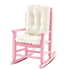 Yalikop front view of pink wooden rocking chair showing sturdy design and safe edges