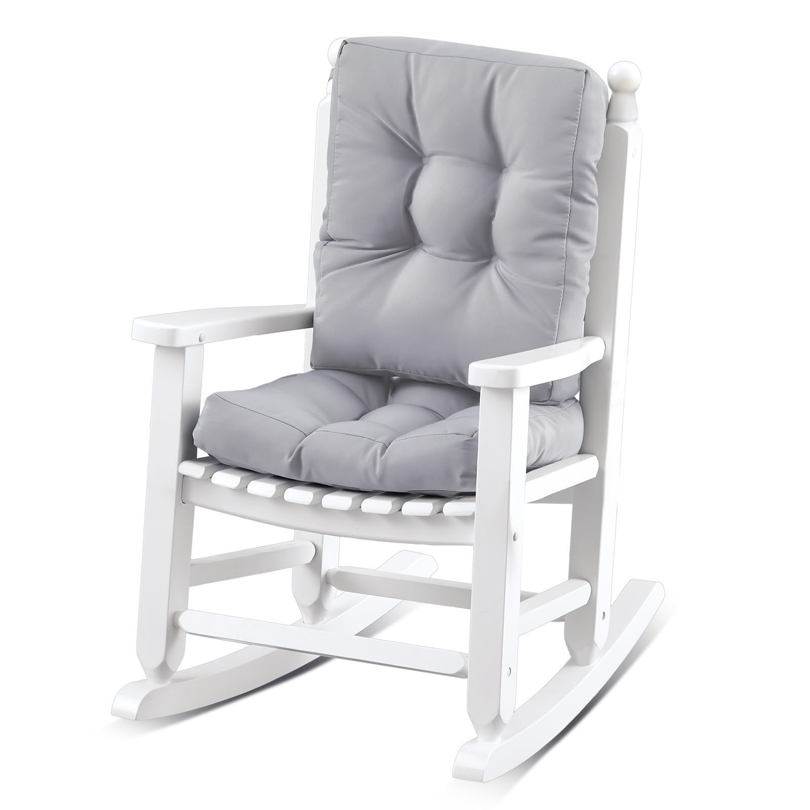 Yalikop front view showing white wooden rocking chair and cushion, safe seating