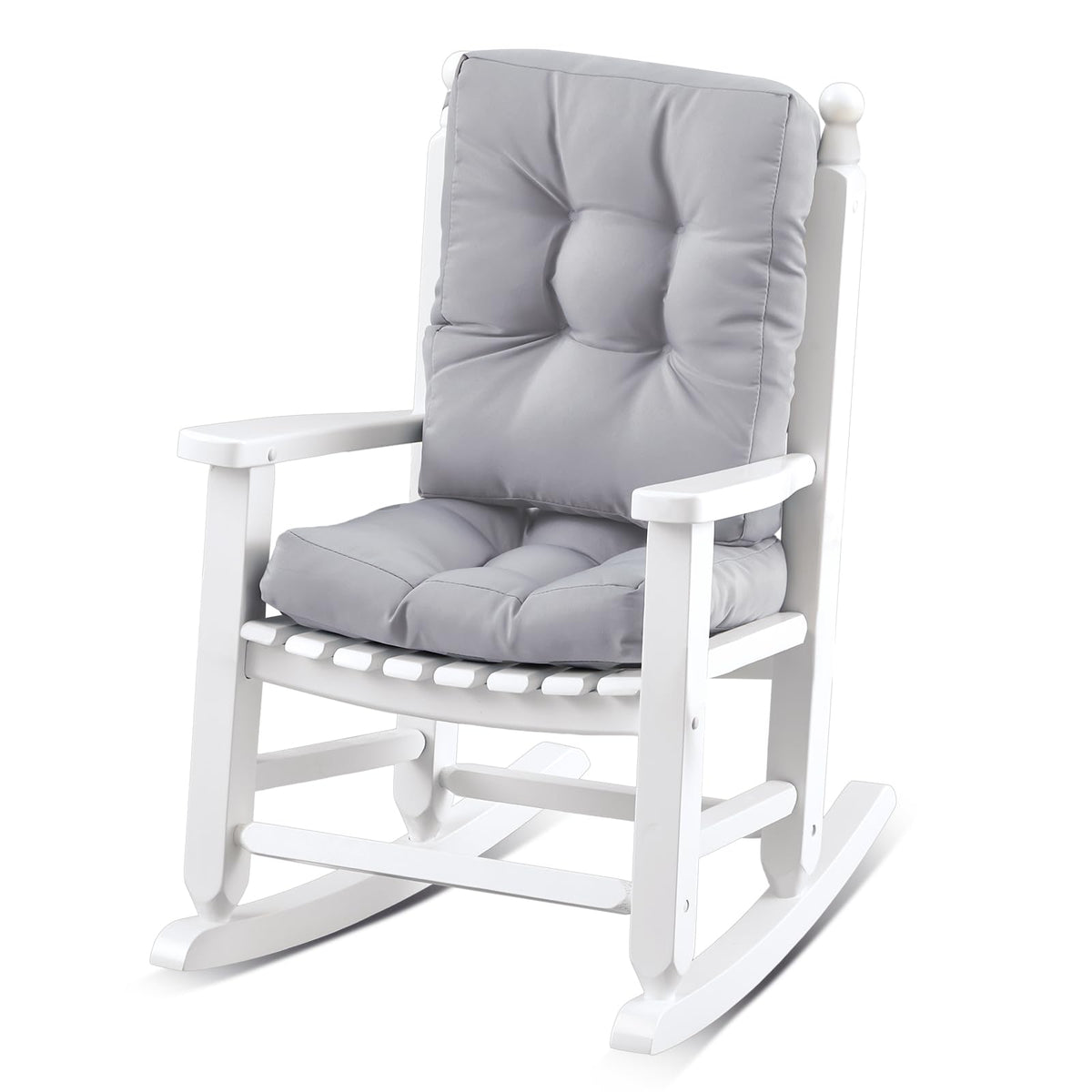Yalikop front view showing white wooden rocking chair and cushion, safe seating