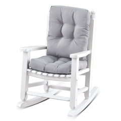 Yalikop front view showing white wooden rocking chair and cushion, safe seating