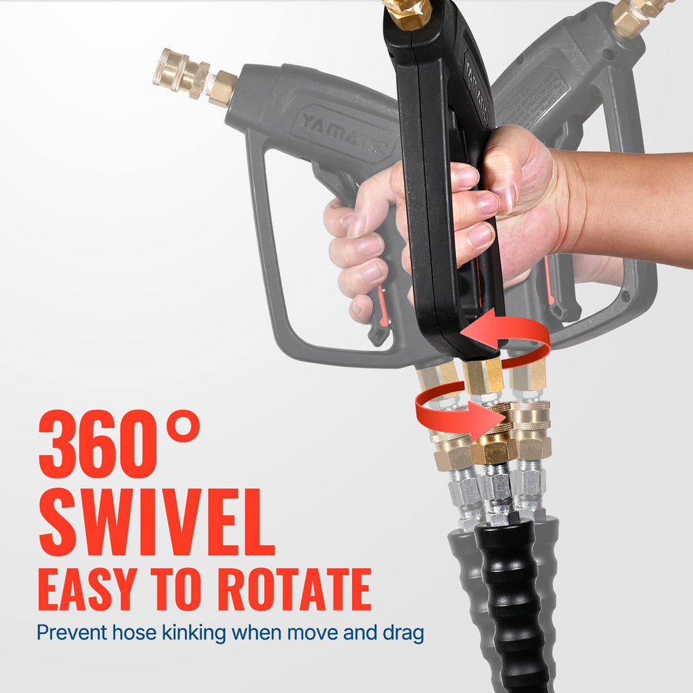 YAMATIC close-up of solid brass 360-degree swivel inlet preventing hose tangles and leaks