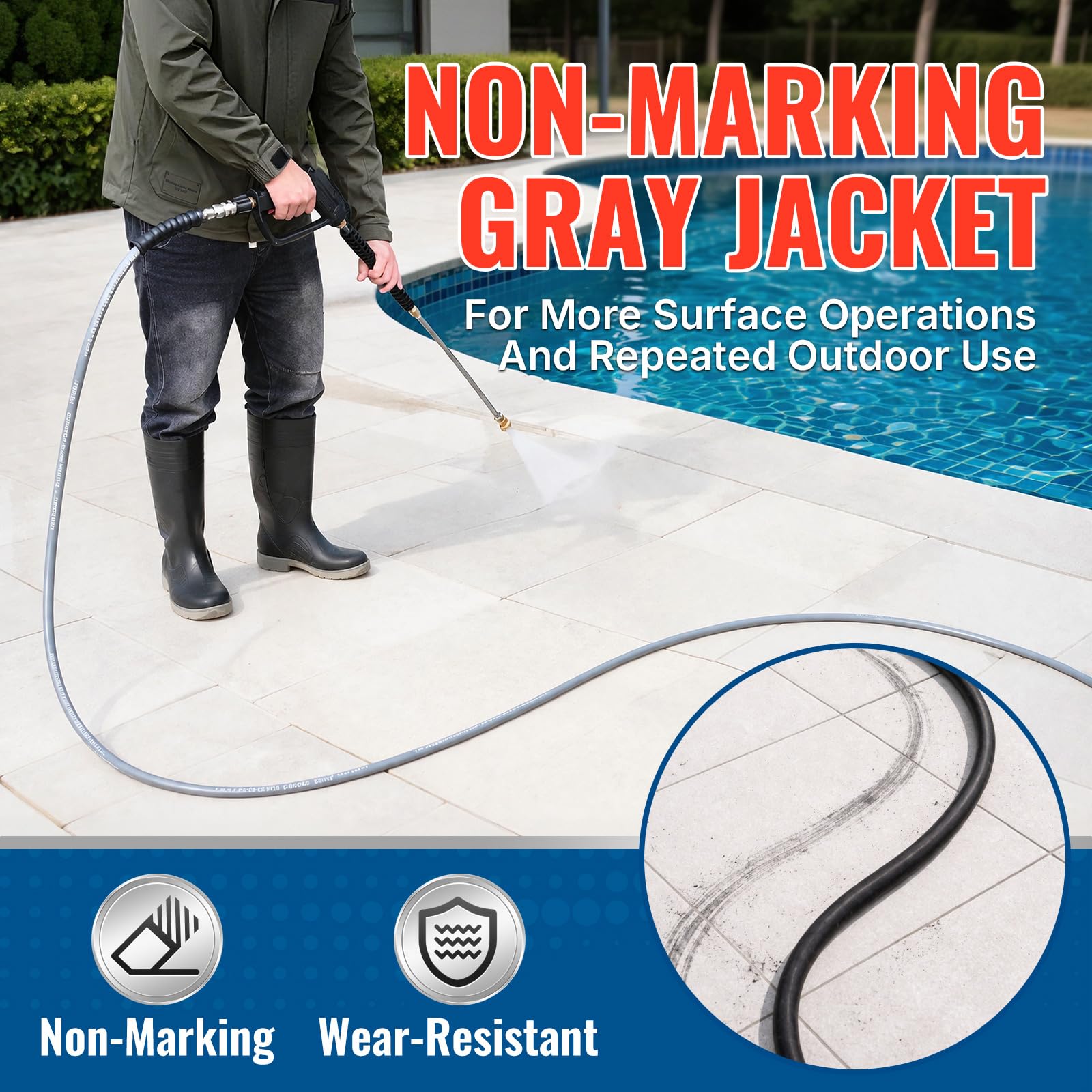 YAMATIC neatly coiled 50 ft hose for easy storage and transport