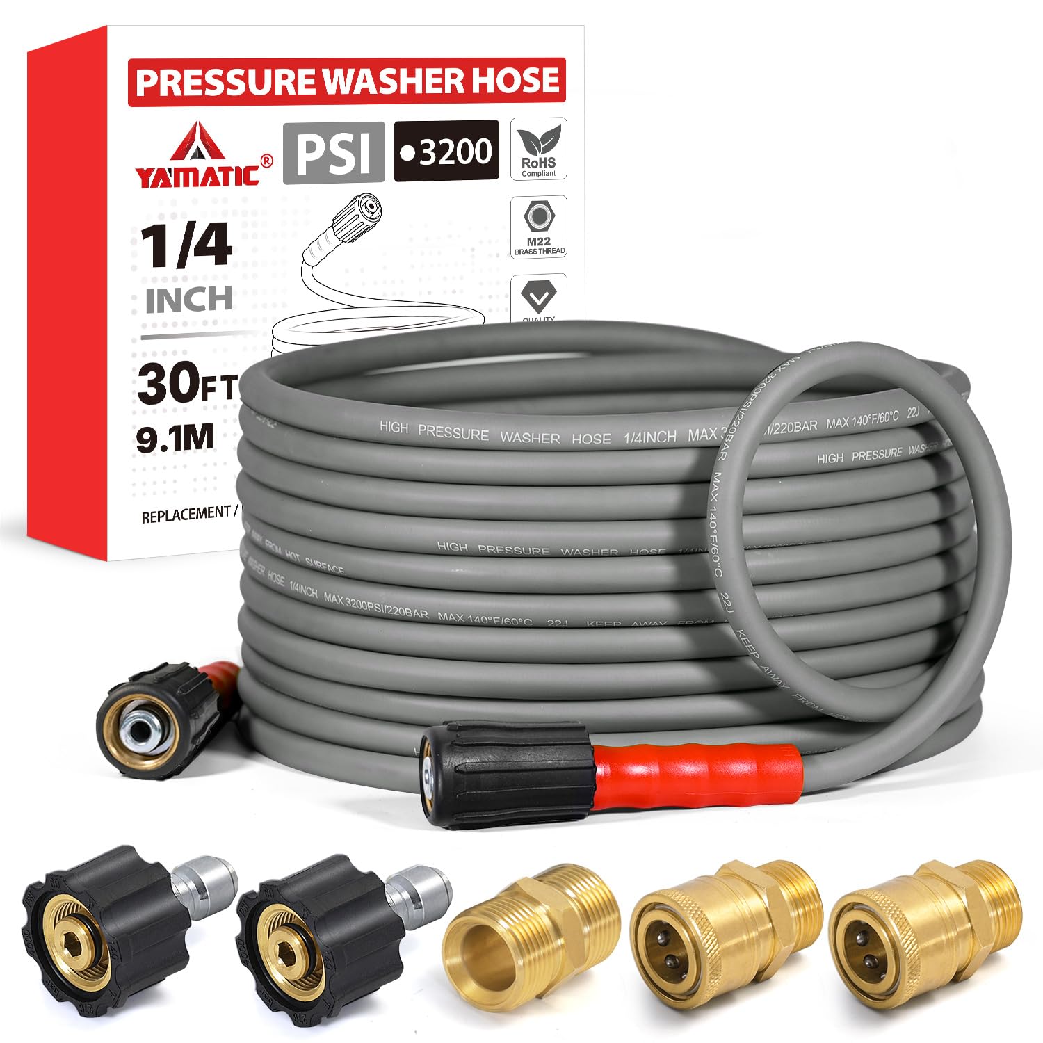 YAMATIC front view of 30ft hose showing connectors and packaging benefit easy replacement
