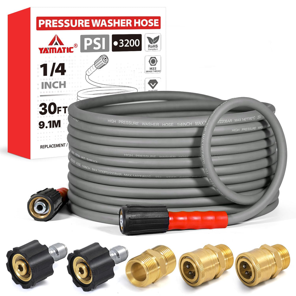 YAMATIC front view of 30ft hose showing connectors and packaging benefit easy replacement