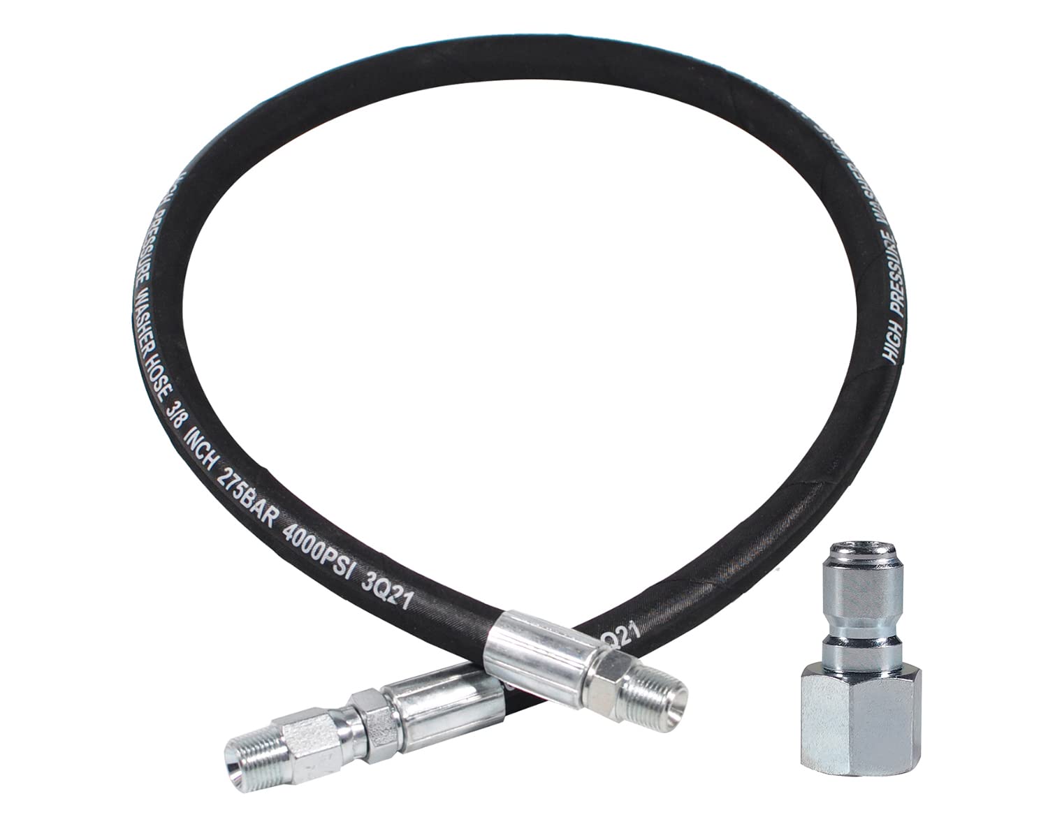 YAMATIC front view of 4 ft whip hose showing connectors and jacket, ensures reliable hookups