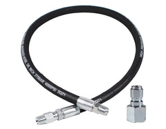 YAMATIC front view of 4 ft whip hose showing connectors and jacket, ensures reliable hookups