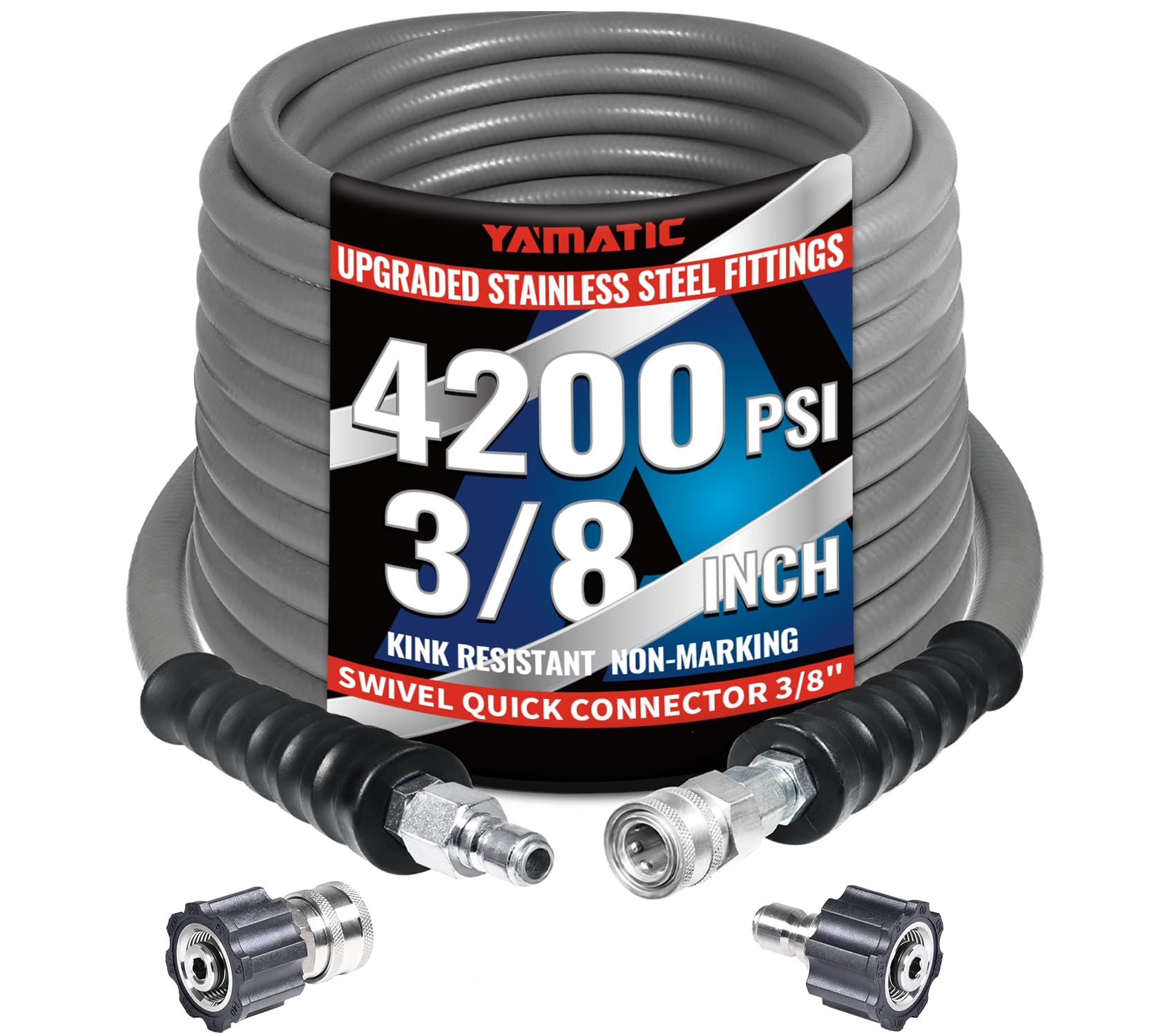 YAMATIC front view showing 50 ft hose and benefit of long reach