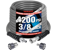 YAMATIC front view showing 50 ft hose and benefit of long reach
