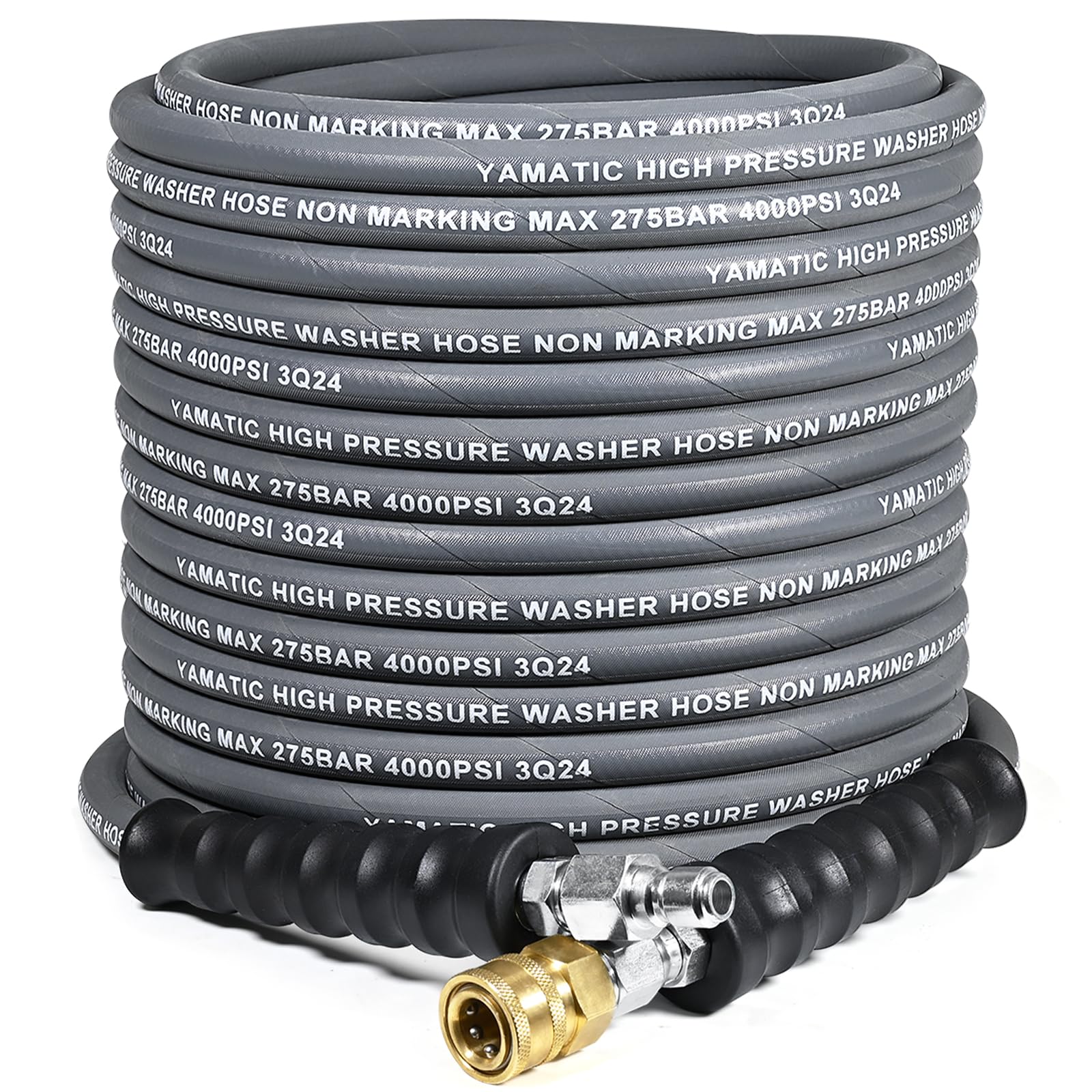 YAMATIC front view of 50ft hose showing quick-connect fittings for fast setup