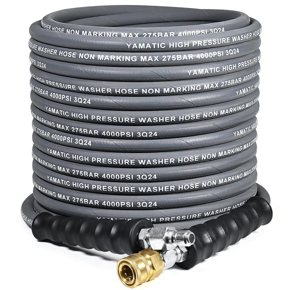 YAMATIC front view of 50ft hose showing quick-connect fittings for fast setup