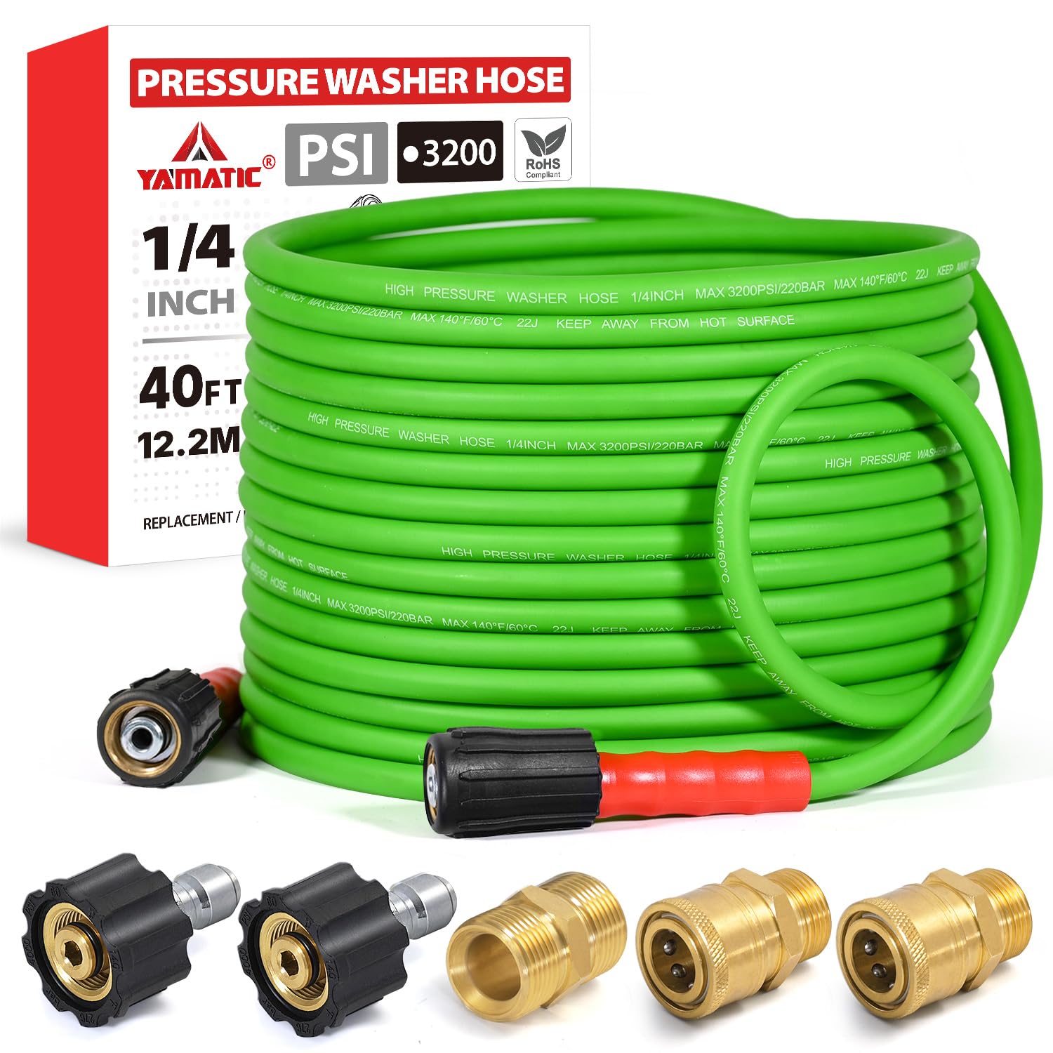 YAMATIC hose coiled front view showing neat storage and easy handling