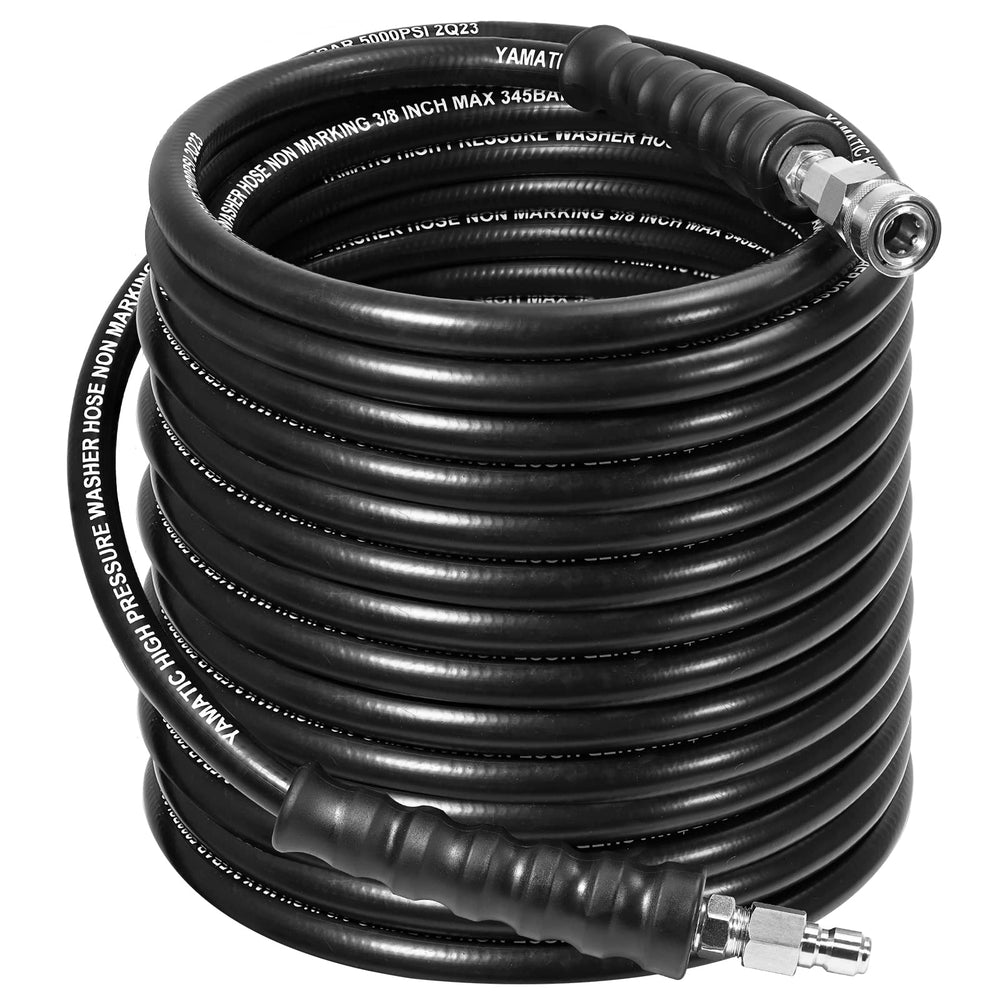 YAMATIC front view of hose coiled showing length and heavy-duty benefit