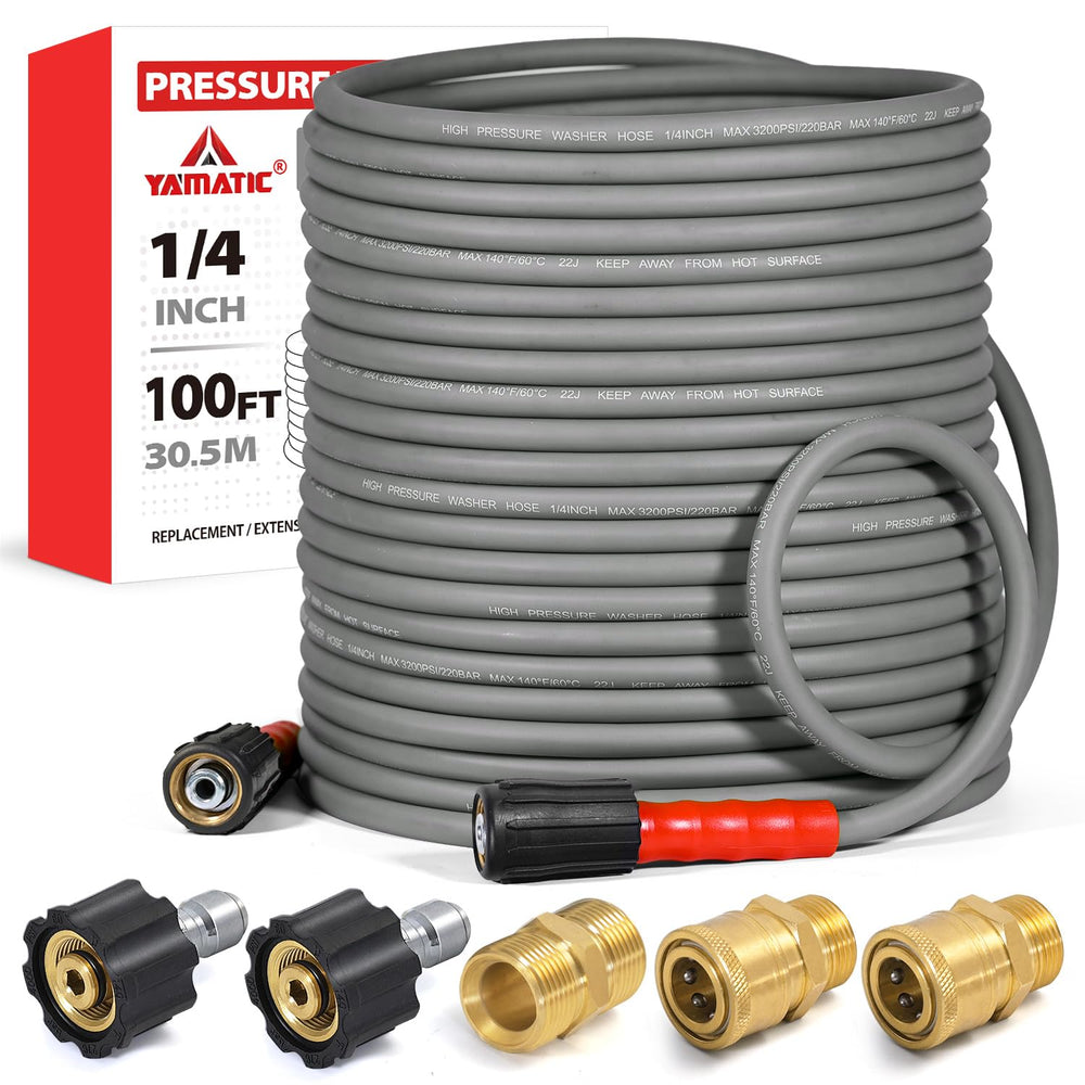 YAMATIC front view of 100ft hose showing full kit and benefit of long reach