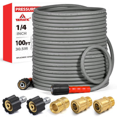 YAMATIC front view of 100ft hose showing full kit and benefit of long reach