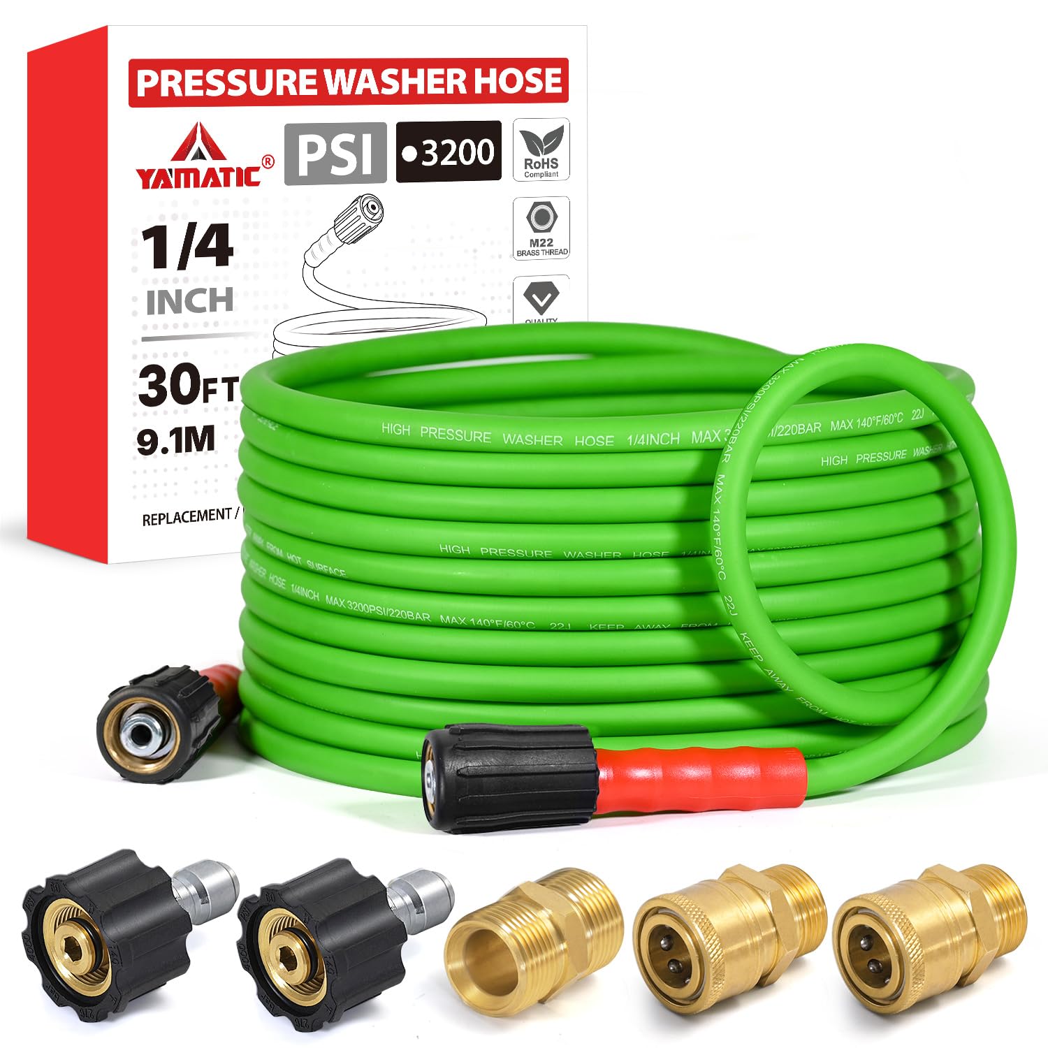 YAMATIC front view of 30ft hose showing compact packaging and benefits