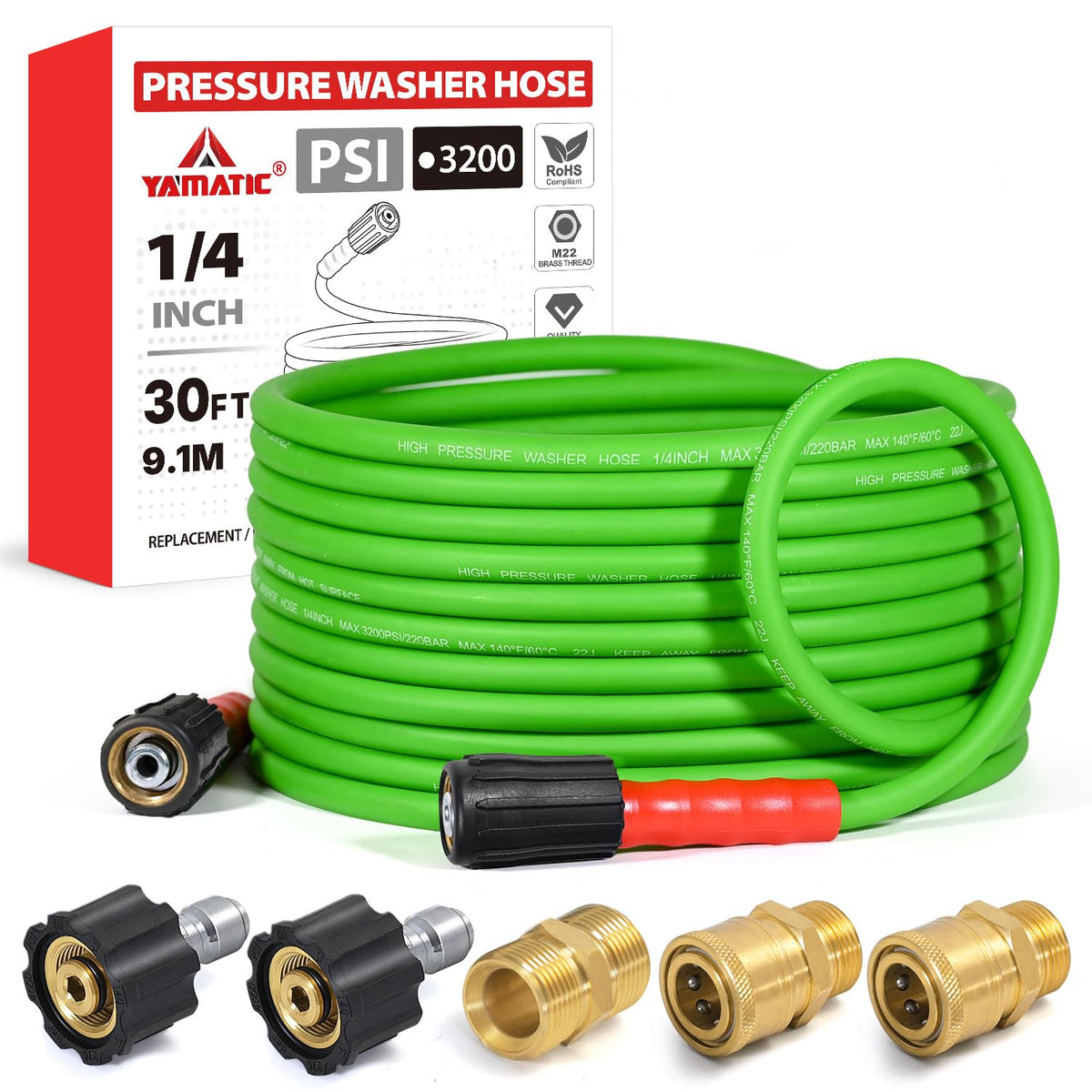 YAMATIC front view of 30ft hose showing compact packaging and benefits