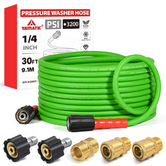 YAMATIC front view of 30ft hose showing compact packaging and benefits