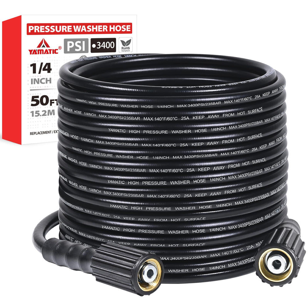 YAMATIC pressure washer hose front view showing 50 ft length and fittings, durable reach benefit