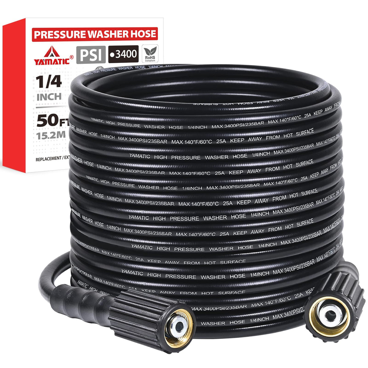 YAMATIC pressure washer hose front view showing 50 ft length and fittings, durable reach benefit