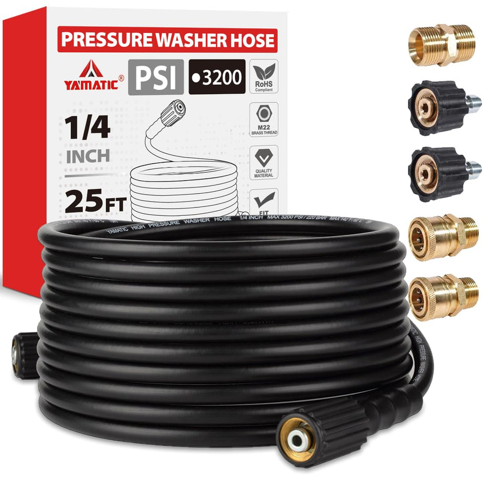 YAMATIC front view of hose packaging showing length and PSI benefits