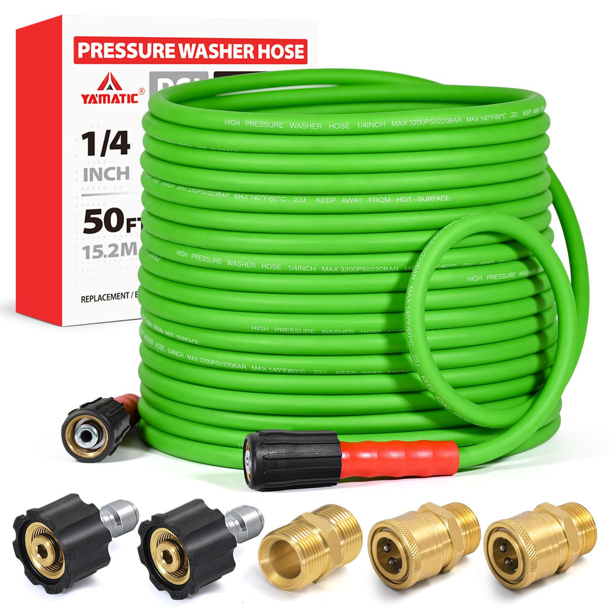 YAMATIC front view of full 50ft hose package showing features and length benefit