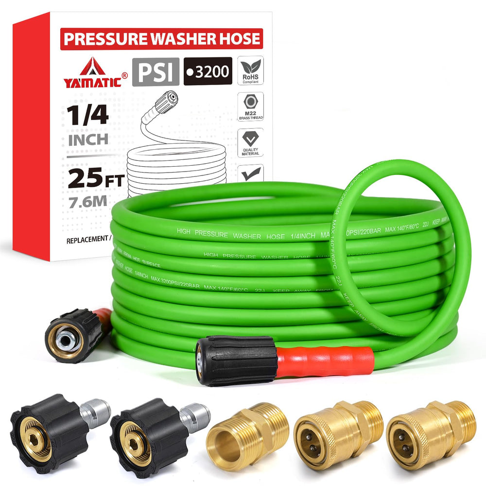 YAMATIC front packaging showing hose and included adapters, clear product benefit