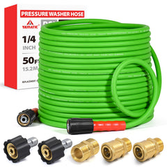 YAMATIC front view of full 50ft hose package showing features and length benefit