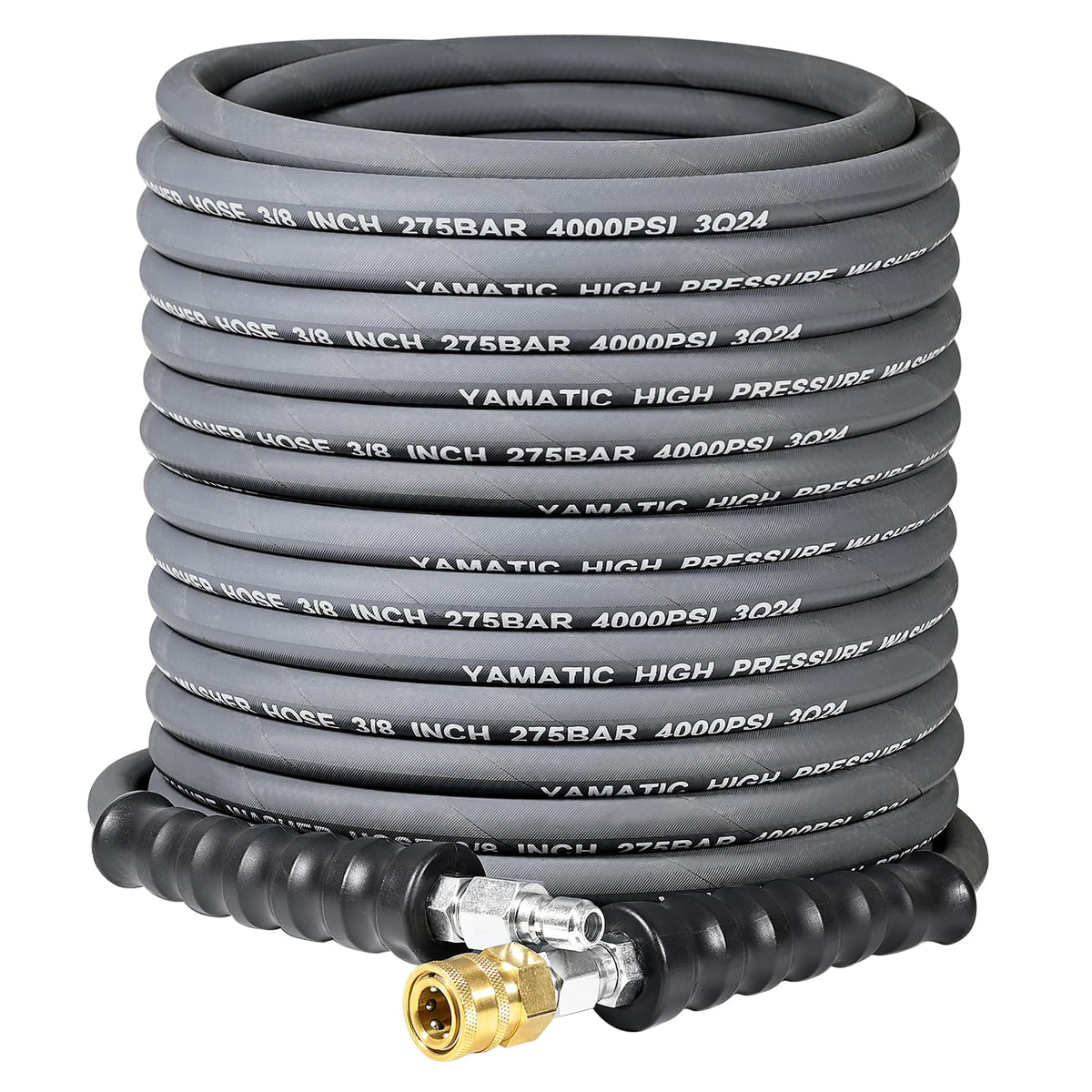 YAMATIC front view of 50ft hose showing full length and nonmarking benefits