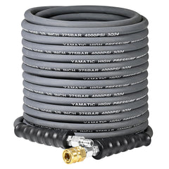 YAMATIC front view of 50ft hose showing full length and nonmarking benefits