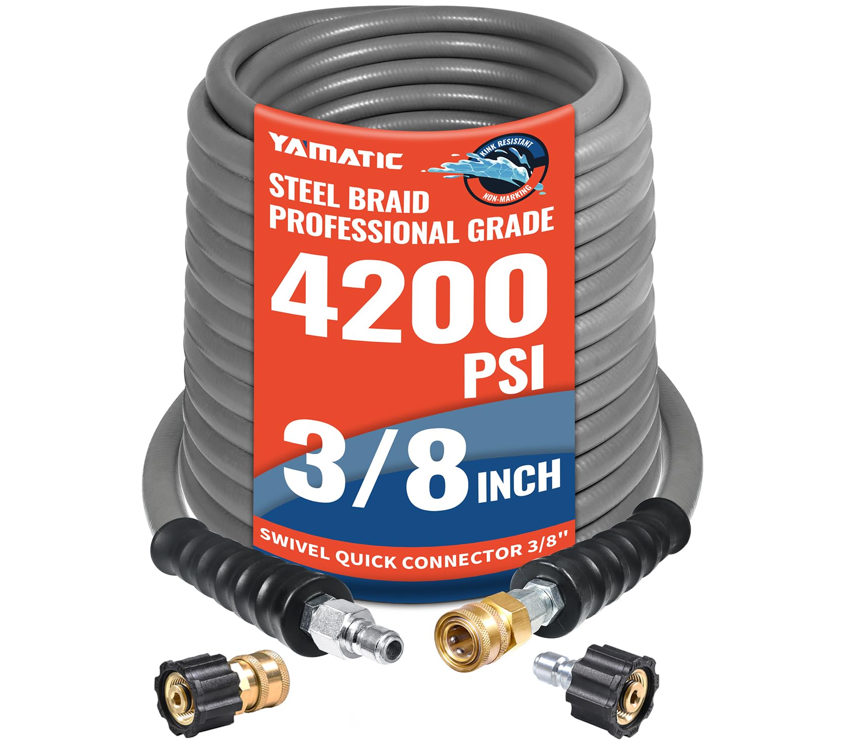 YAMATIC coiled 100 ft non-marking hose ready for fast setup and storage