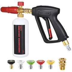 YAMATIC front view of pressure washer gun showing compact foam cannon, improves control