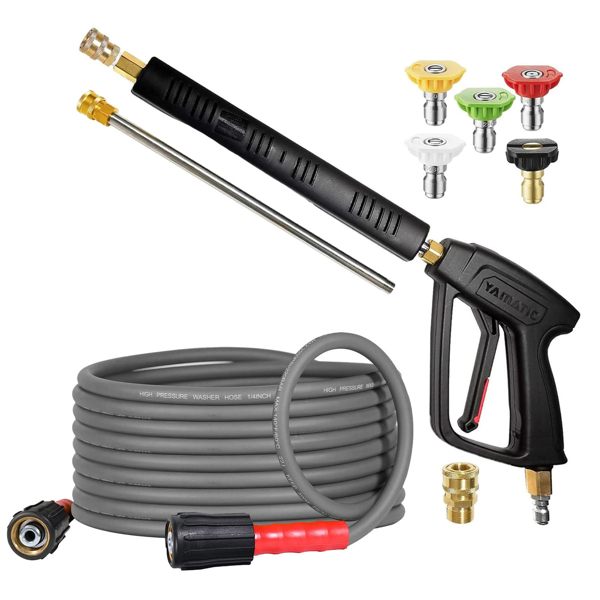 YAMATIC pressure washer gun kit front view showing complete set and robust build benefits