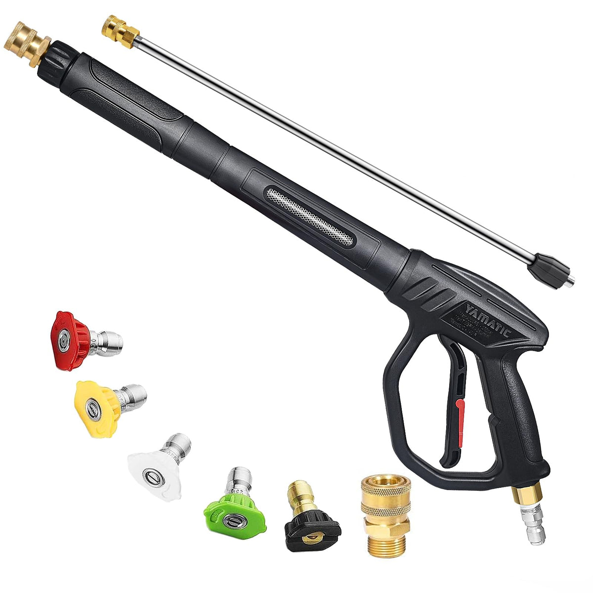 YAMATIC front view of pressure washer gun showing solid construction and reach benefit