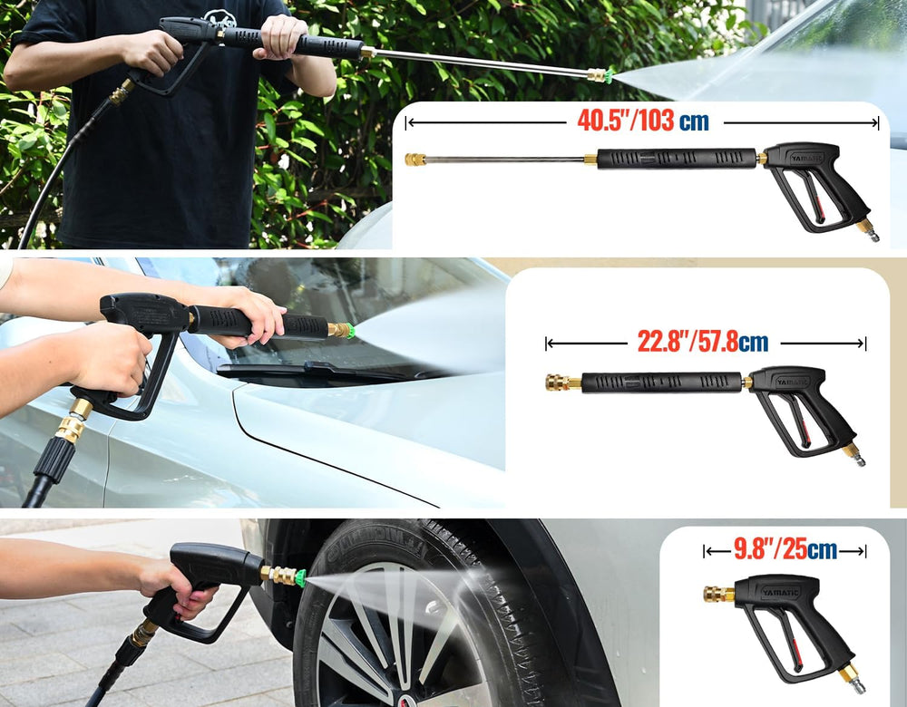 YAMATIC gun in use cleaning a driveway illustrating powerful cleaning reach