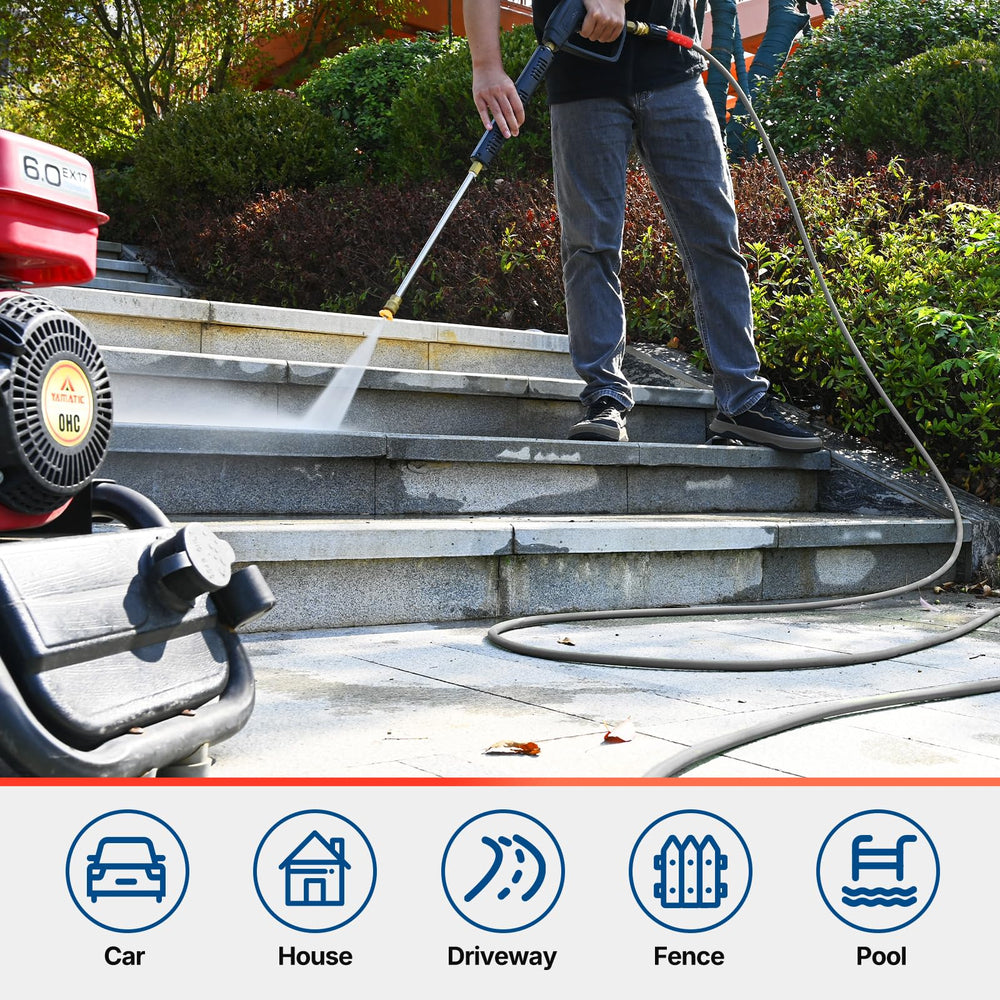 YAMATIC hose dragged across concrete showing non-marking, durable cover