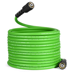 YAMATIC front view of 50ft pressure washer hose showing packaging and length benefit