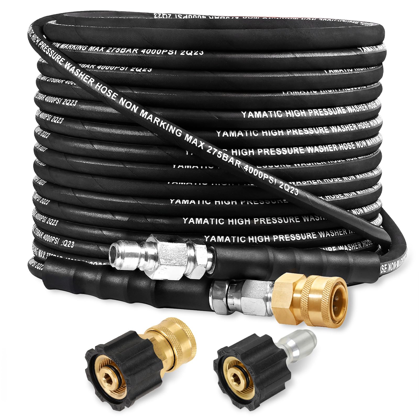 YAMATIC full-length 50 ft hose front view showing durable cover and length advantage
