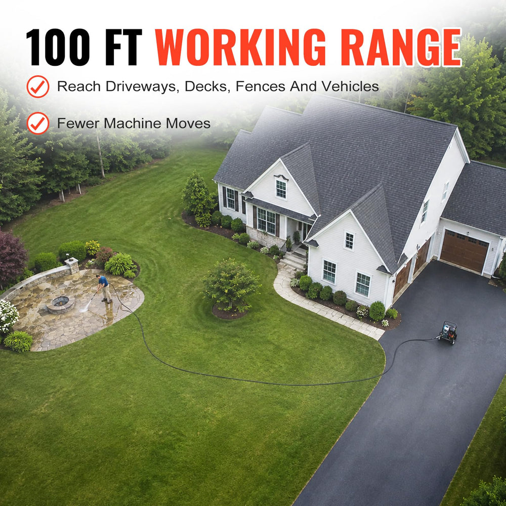 YAMATIC hose stretched across driveway showing 100 ft length and coverage