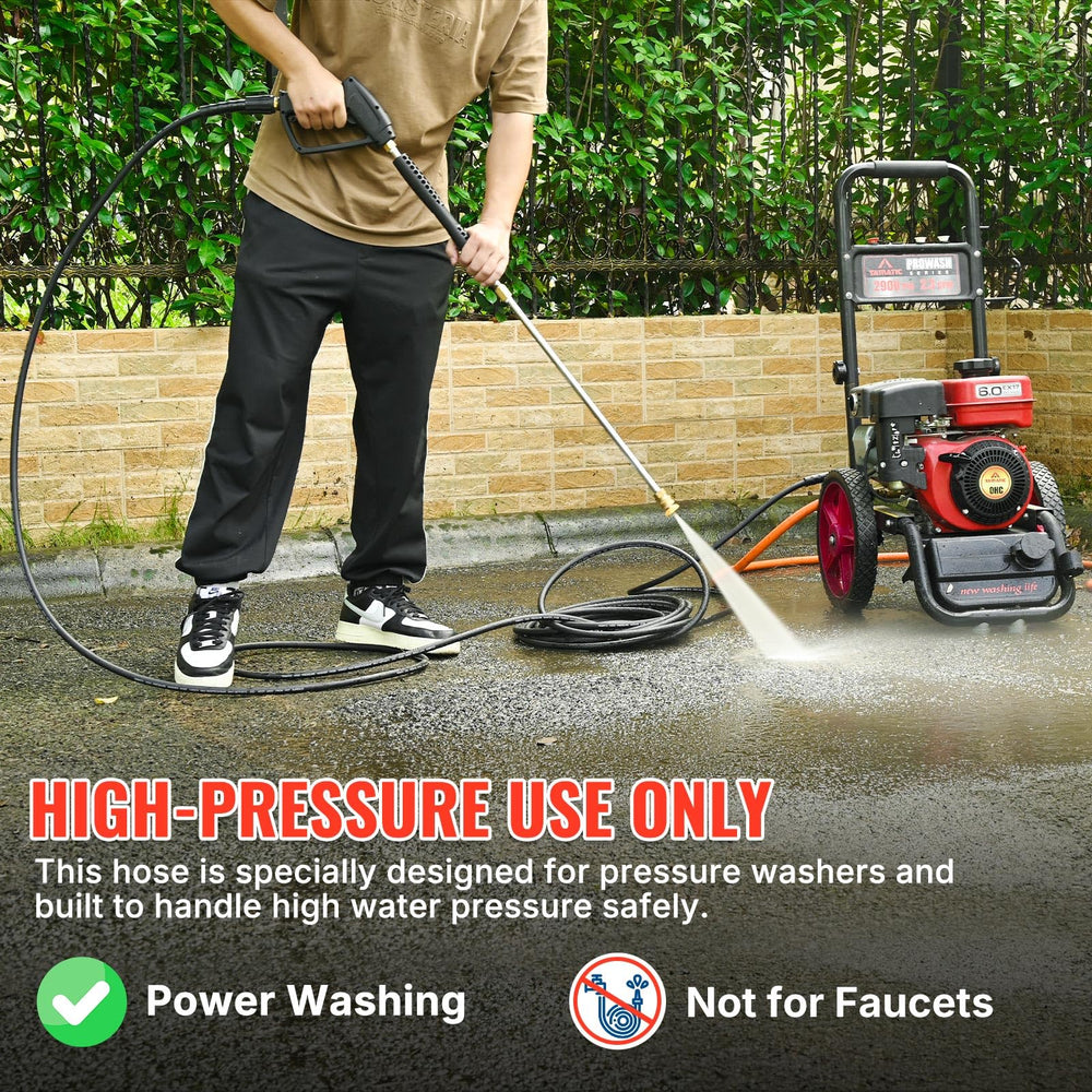 YAMATIC hose connected to a pressure washer showing secure M22 fit benefit