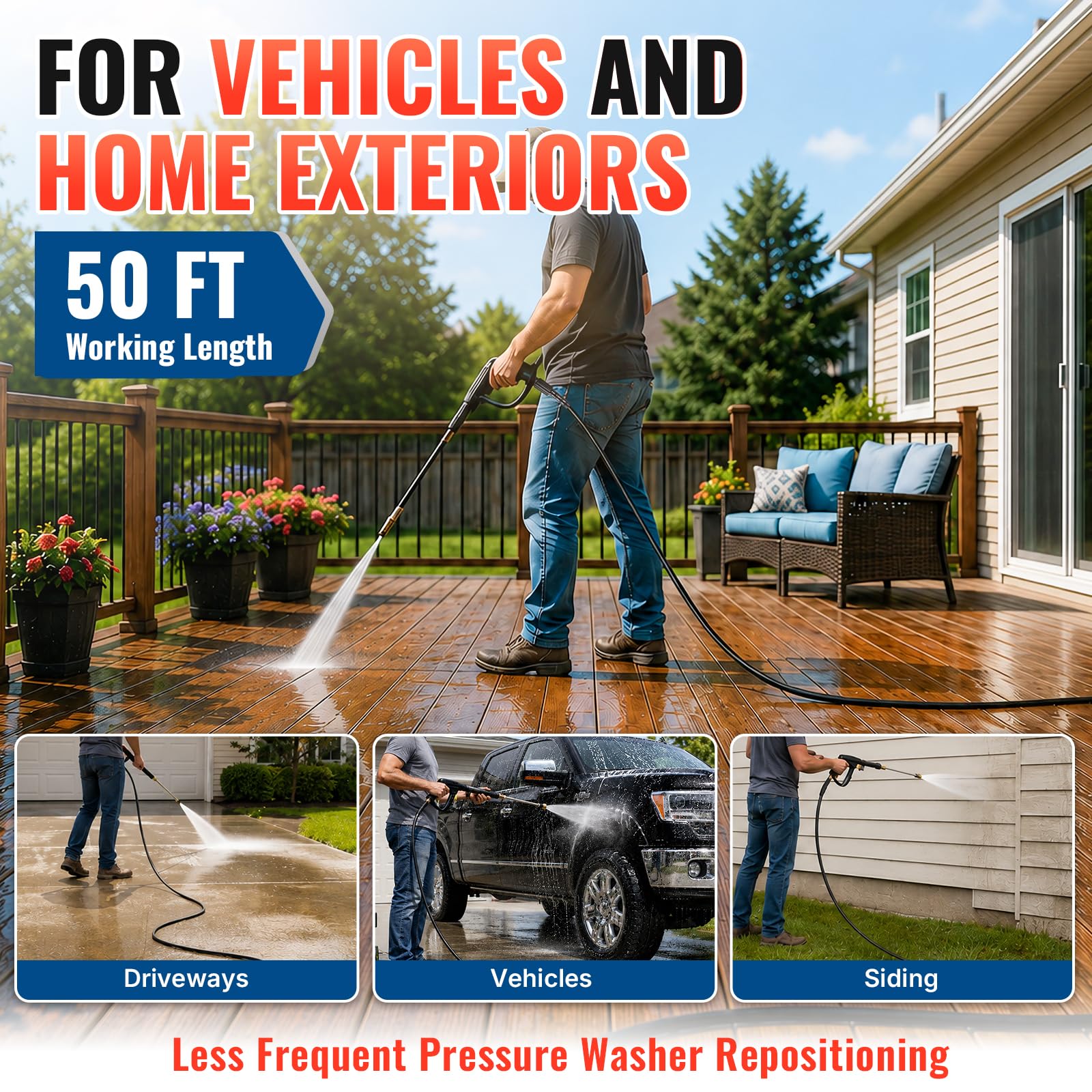 YAMATIC hose attached to spray gun cleaning car, efficient exterior cleaning benefit