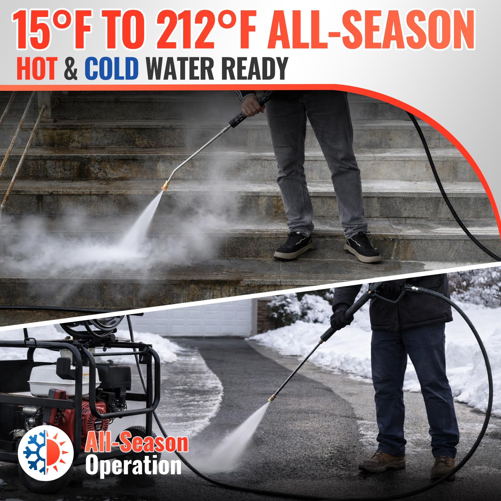 YAMATIC coiled 50ft hose beside a person for scale showing long‑reach convenience