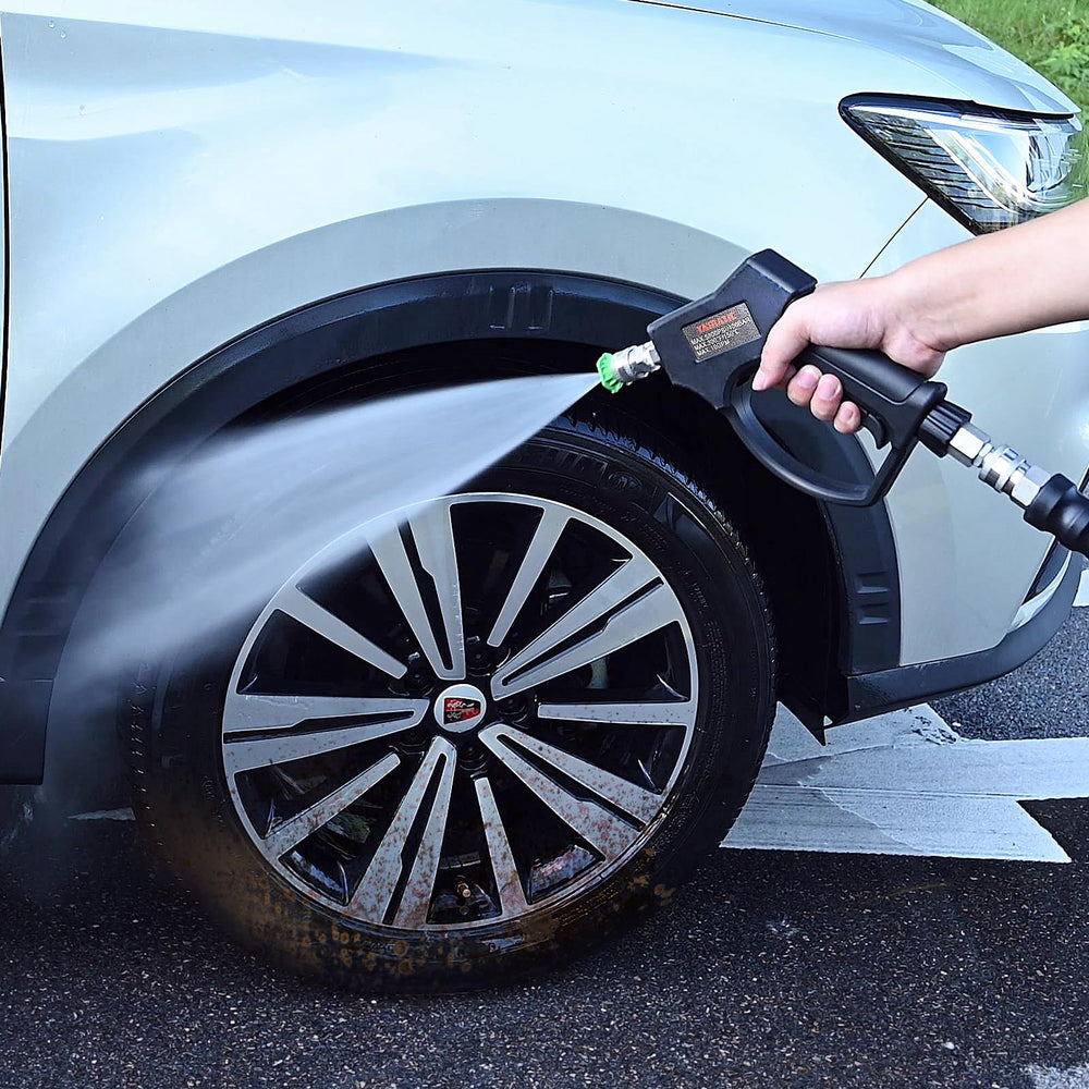 YAMATIC pressure gun in use washing a vehicle, speeding cleaning and maintaining performance