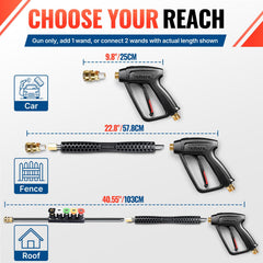 YAMATIC five nozzle tips and holder laid out for quick pattern switching benefit