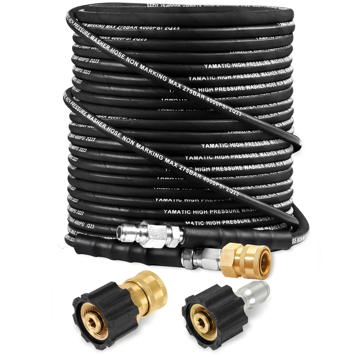YAMATIC pressure washer hose front view showing fittings and long reach benefit