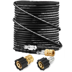 YAMATIC pressure washer hose front view showing fittings and long reach benefit