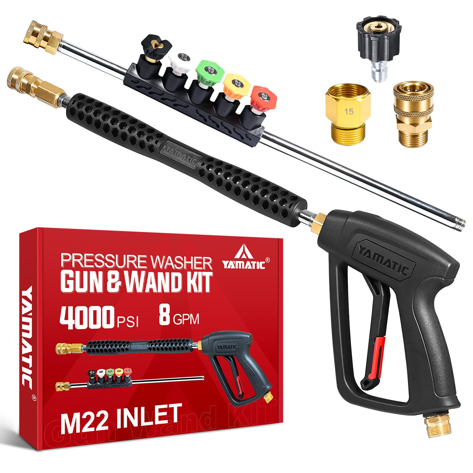 YAMATIC pressure washer gun front view showing sturdy build and easy handling benefit